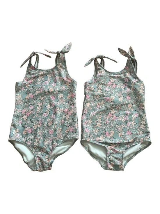 Twin Matching Floral Tie Shoulder One Piece Swimsuits H&M Mint & Pink