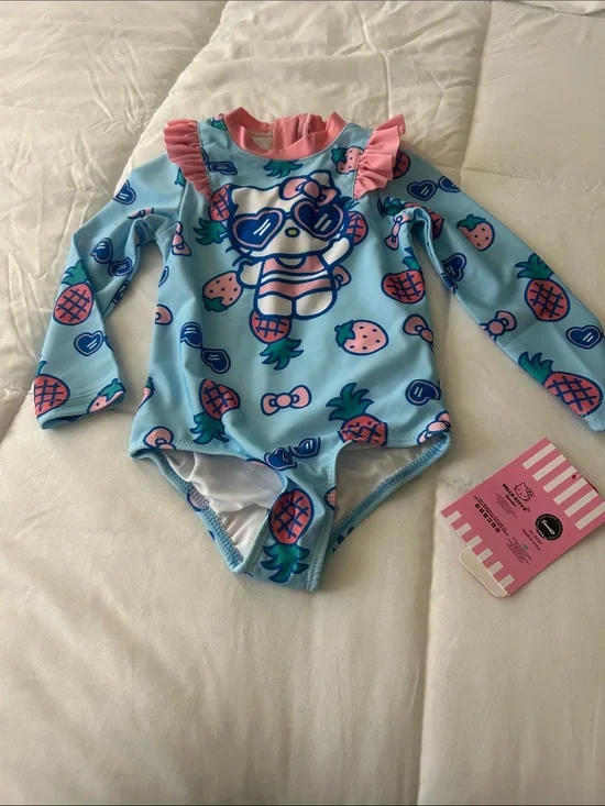 Girls Light Blue Pineapple & Strawberry Ruffle Long Sleeve Swimsuit Hello Kitty