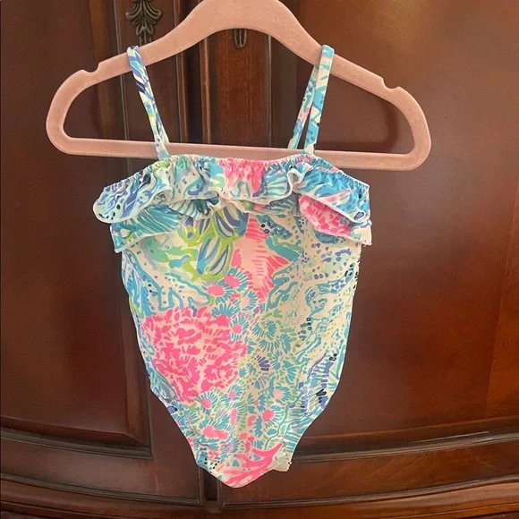 Lilly Pulitzer Girls Pink, Blue & Green Ruffle One-Piece Swimsuit