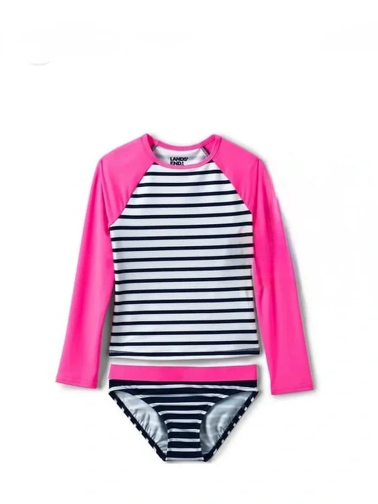 Lands' End Girls' Neon Pink & Navy Stripe Long-Sleeve Rash Guard Set