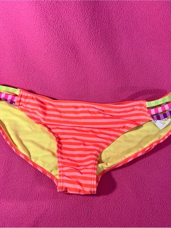 OP Bright Coral Pink and Yellow Striped Kids Swim Trunks