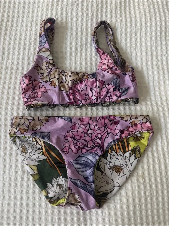 Agua Bendita Floral Kids Bikini in Lavender, Pink, Green