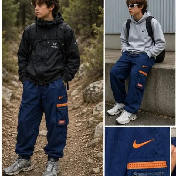 Vintage Nike Youth Cargo Track Pants Navy Orange Y2K Joggers Boys XL