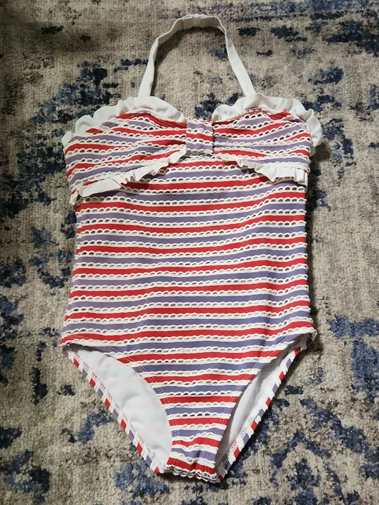 Janie And Jack Girls Striped Ruffle One-Piece Swimsuit in Red, White & Blue