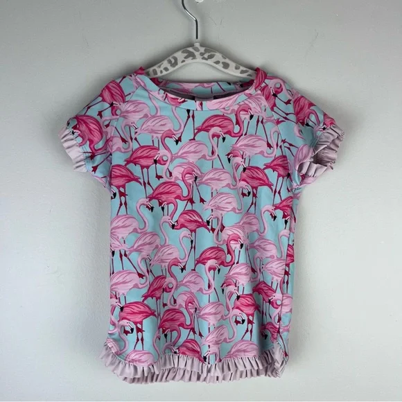 Ruffle Butts Boutique Blue Pink Flamingo Swim Sun Shirt Top Size 5 Beach