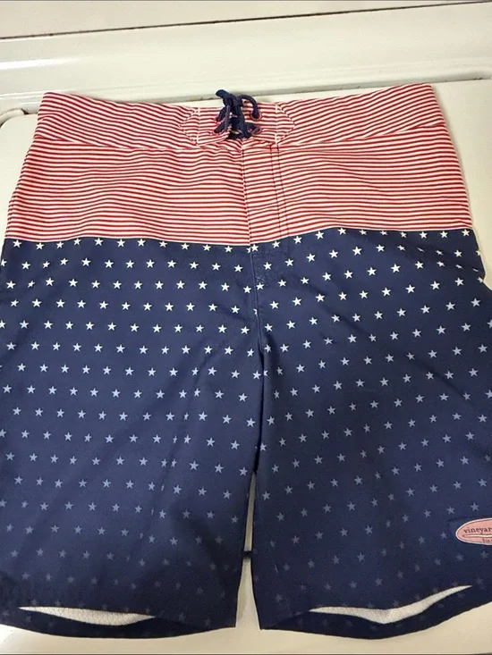 Vineyard Vines Red & Navy Star Stripe board shorts