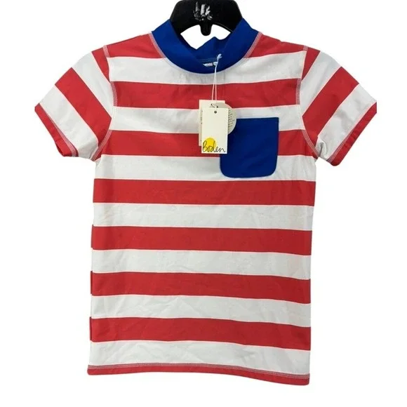 NWT Boden Rash Guard Boys 11-12Y Red‎ White Striped UPF 50+ Swim Shirt B1854