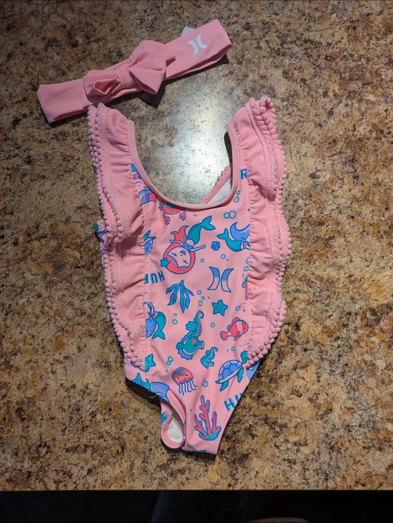 Hurley Girls Pink Ruffle Mermaid One-Piece Swimsuit with Headband