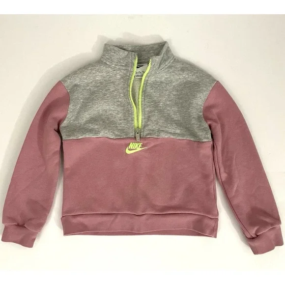 Nike Girls 1/2 Zip Fleece Sweatshirt Gray Pink Neon Green Size M 5-6 YRS