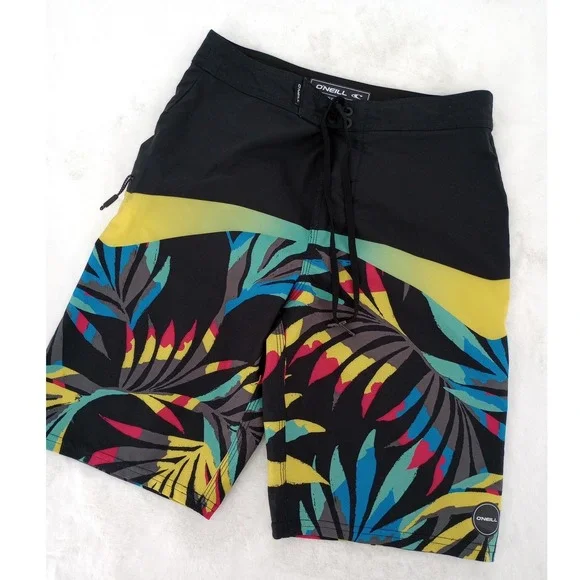O'Neill Hyperfreak Board Shorts Boys Size 26 Black Tropical Print‎ Swim Trunks