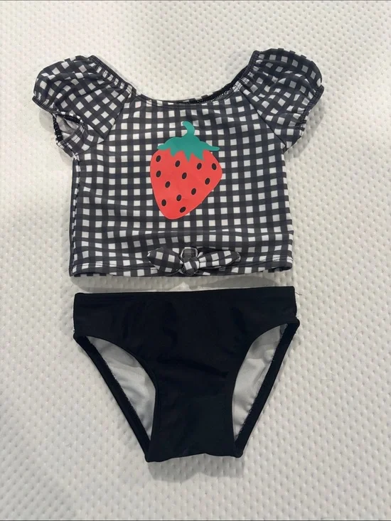 Cat & Jack Black and White Gingham Top with Teal Strawberry Accent