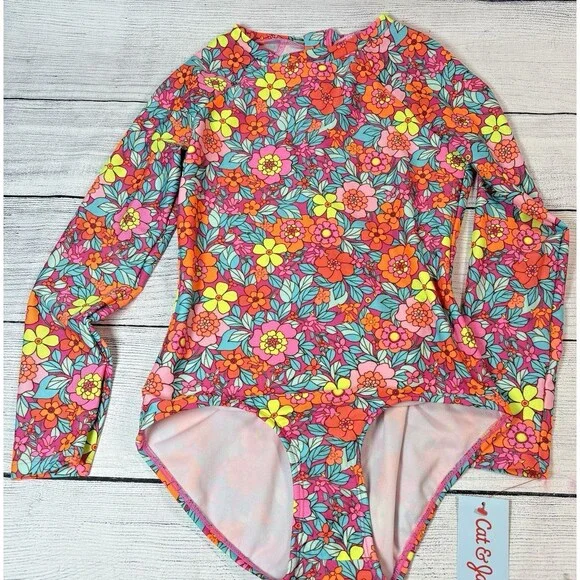 Cat & Jack Girls Sz 8 Plus M Long sleeve Swim Rash Guard Swimsuit Floral NEW