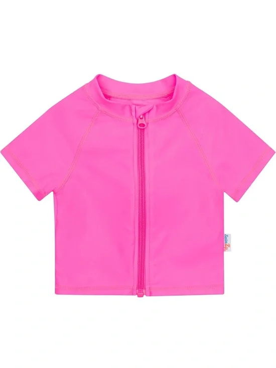 Kids Hot Pink Short-Sleeve Zip Front Swim Shirt 18-24 Months