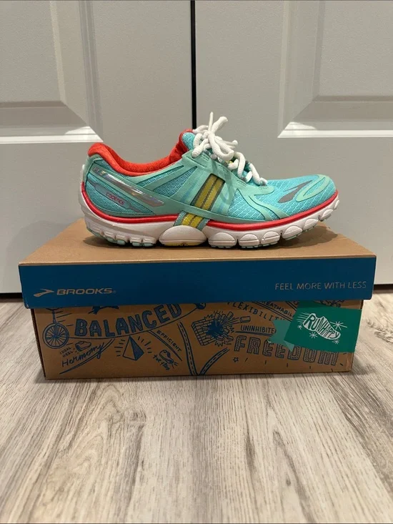 Brooks Women's Mint Green Running Shoe with Coral and Yellow Trim