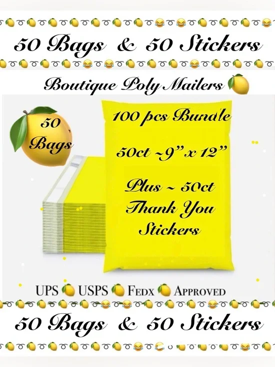 100pcs  Shipping Package  50-Yellow  Poly Mailers 50-Thank You Stickers ⭐️🆕⭐️