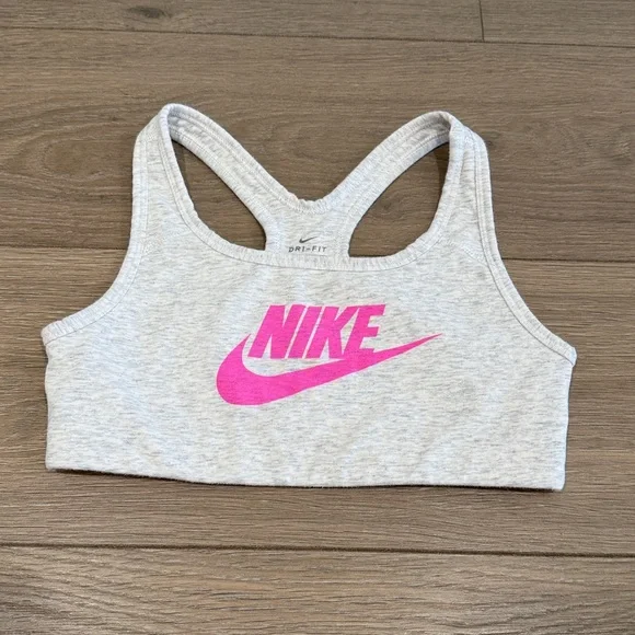 NIKE GIRLS Heather Gray Hot Pink Logo Pullover Racerback Active Sports‎ Bra Sz L