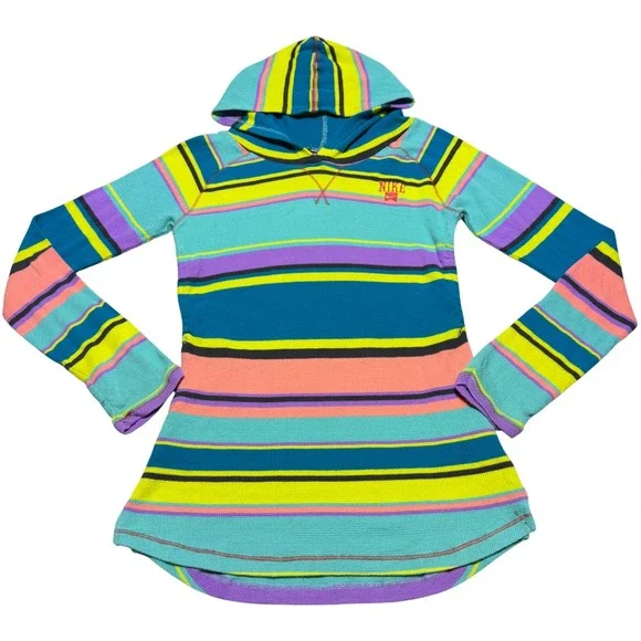Y2K Nike Girls L (12-13) Pullover Hoodie Lightweight Waffle Knit Neon Stripe