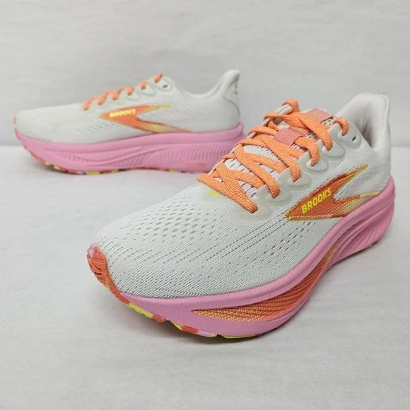 Brooks Women’s White Running Shoes with Pink Midsole and Orange Details
