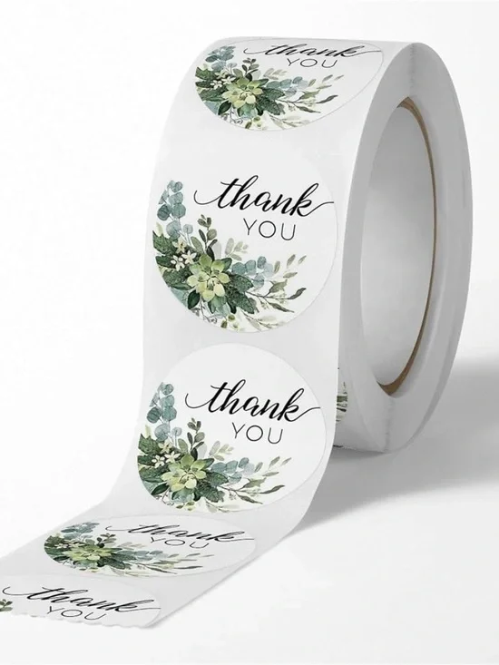 Thank You Floral Round Stickers - Green Leaf Design