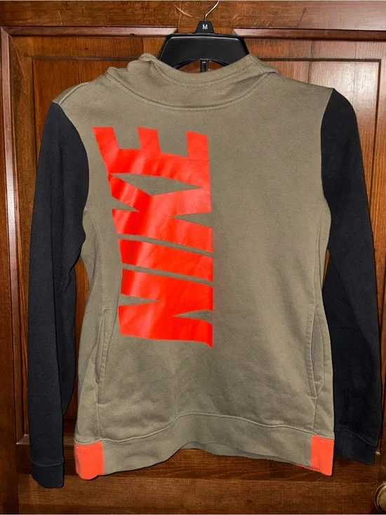 Kids Nike Olive Green & Black Hoodie with Bright Orange Logo