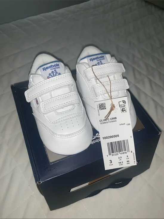 Reebok Baby Club C Crib Shoes in White with Blue Logo