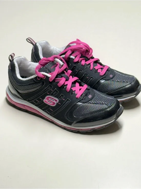 SKECHERS Women’s Athletic Walking Running Shoes Black Gray Pink Lace-Up Size 8.5