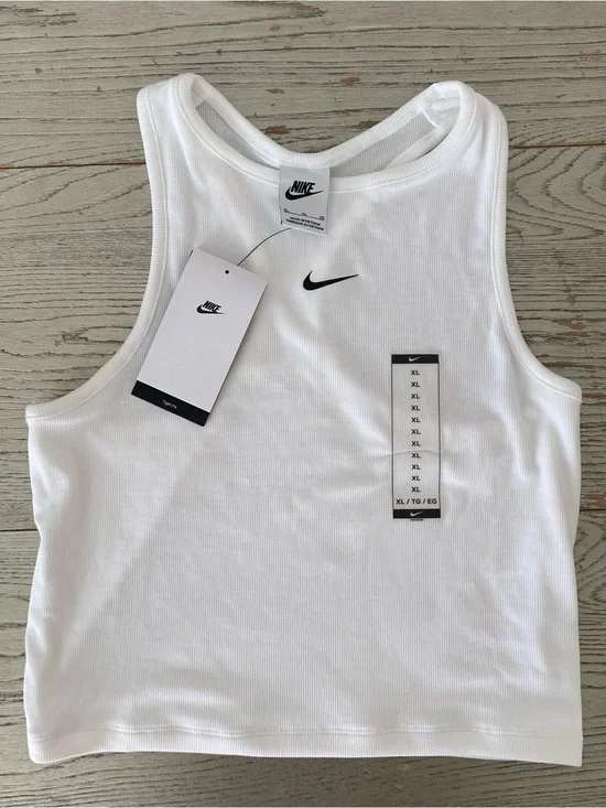 Nike White Ribbed Crop Tank with Black Swoosh