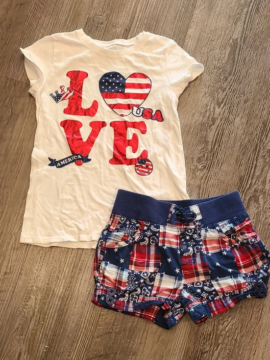 Kids White 'Love USA' T-Shirt with Red & Blue Plaid Shorts Sizs Medium 7/8