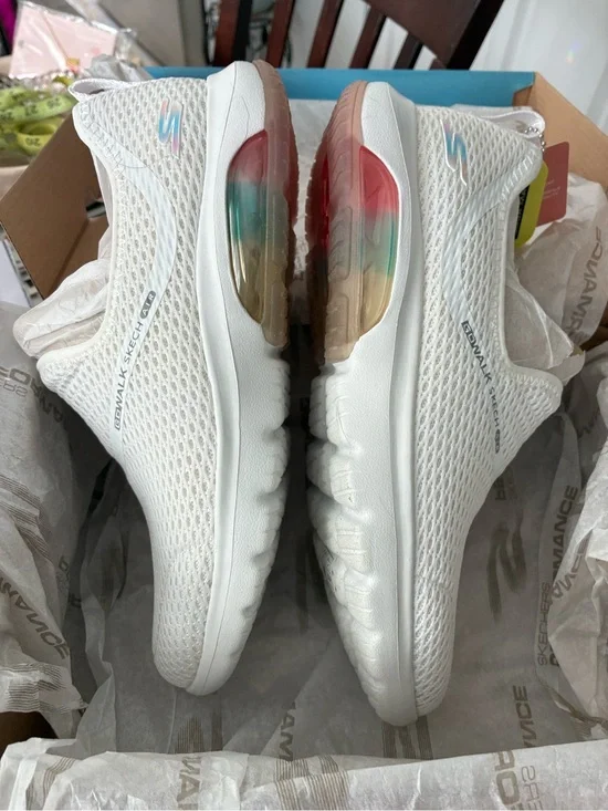 Skechers White Slip-On Sneakers with Rainbow Heel Bubble