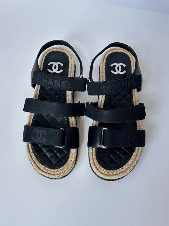 Chanel CC logo black espadrille sandals