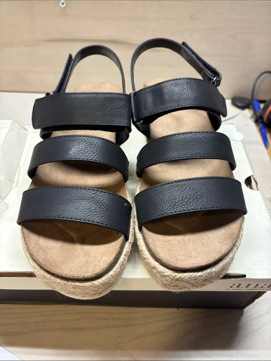 a.n.a Black Triple-Strap Espadrille Sandals with Ankle Strap #588
