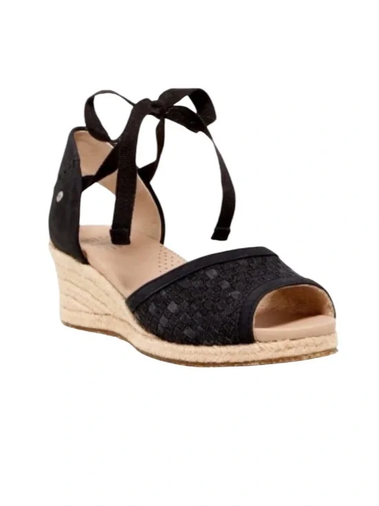 UGG Delmar Black Woven Jute Espadrille Wedge Ankle Tie Sandal Size 8