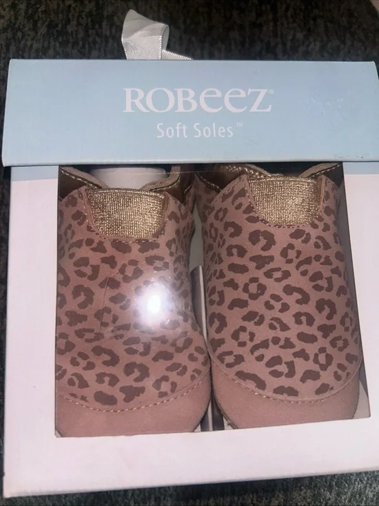 Robeez Size 18-24 Months Animal Print Blush Leather Soft Soles Toddler Shoes NIB
