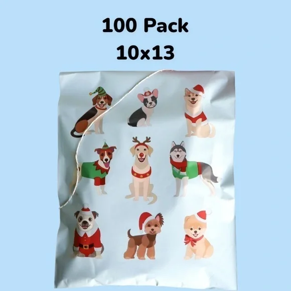 100 Pack of 10x13 PolyMailers - Winter Holiday Puppy Love