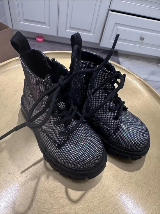 Zara Black Glitter Girls' Lace-Up Combat Boots