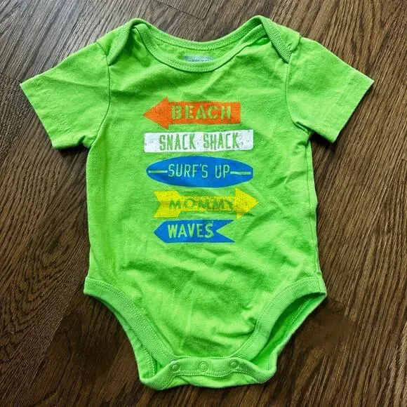 Children’s Place Beach Surf Shack neon green baby bodysuit onesie (0-3M or 3-6M)