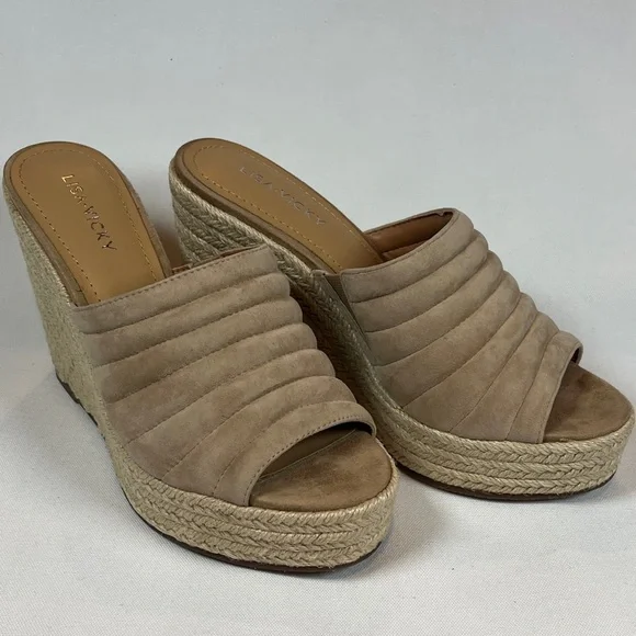 Lisa Vicky Gogo Taupe Suede Quilted Espadrille Wedge Mules Platform Sandals NIB