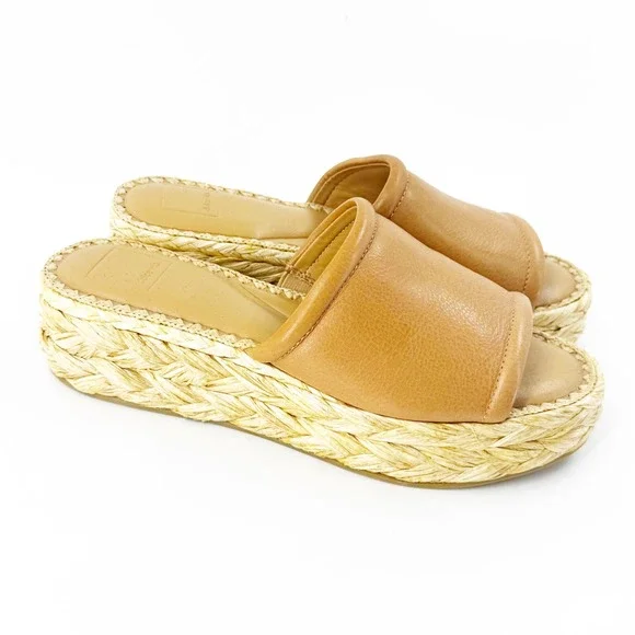 Dolce Vita Chavi Tan Leather‎ Raffia Espadrille Platform Slide Sandals Womens