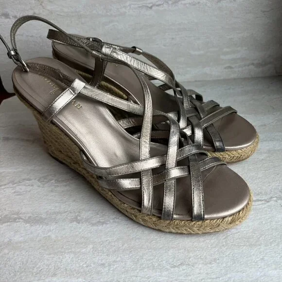 ** Cole Haan Strappy Silver Metallic Espadrille Wedge Sandals Size 8.5B