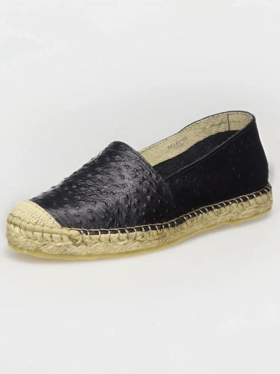 Fabiolas Black Leather Ostrich Pattern Espadrilles
