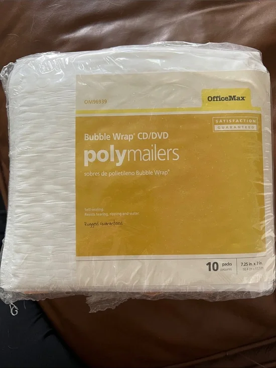OfficeMax brand poly bubble mailers designed for shipping CDs/DVDs. 7.25” X 7”