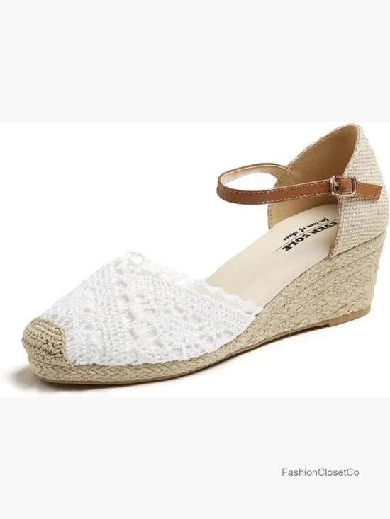 Close Toe Espadrilles Mid Heel Wedge Spring Summer Tropical Dress Shoes