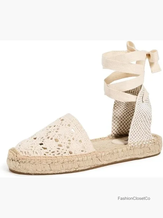Crochet Lace Up Espadrilles Flat Sandals with Ankle Ties