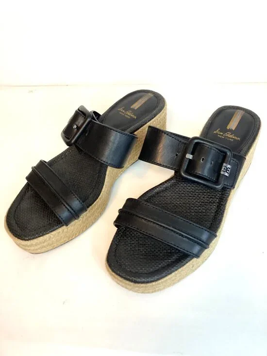 Sam Edelman Carson Espadrille Wedge Sandals-Black Leather-Size 8.5M