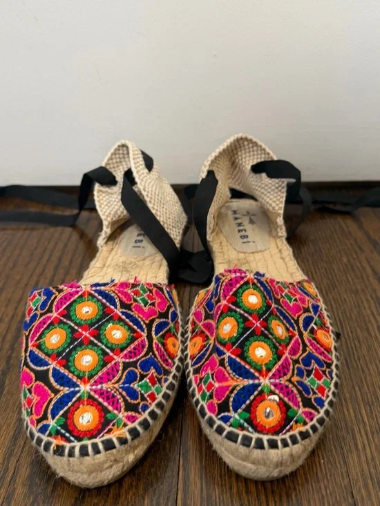 Hand-Embroidered Multicolor Espadrille Flats with Black Ankle Tie