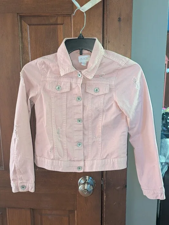 LIKE NEW Soft Pink Distressed Jean Jacket 10 12