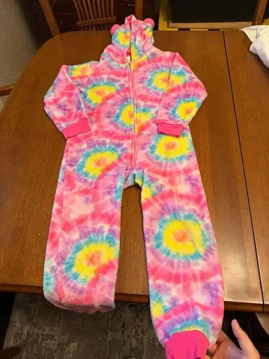Girls Long Sleeve Rainbow Tie Dye Fleece Hooded One Piece Pajamas - WHITE
