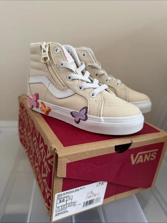 Vans Kids High-Top Sneakers in Cream with Butterfly Accents