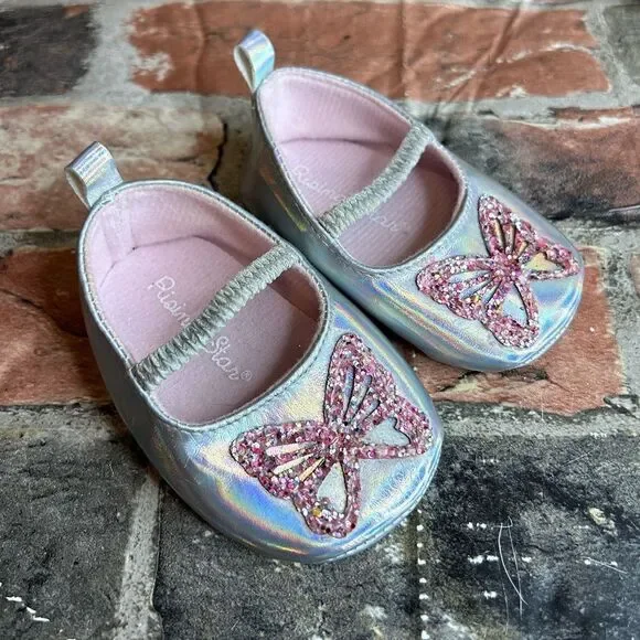 5‎ for $25🔥Rising Star Metallic Silver Butterfly Flats Baby Size 6-9 Months