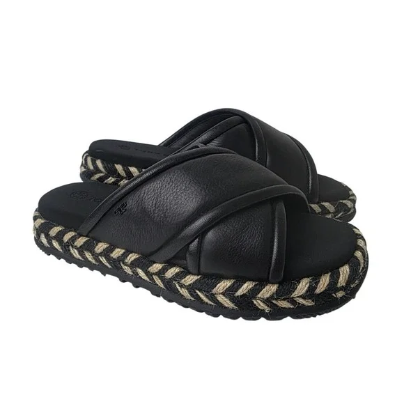 Tory Burch Cross Band Espadrille  Slide Leather Sandals SZ 5 Black‎ & Cream
